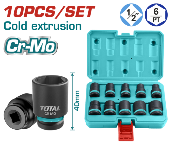 Juego de Dados de Impacto de 1/2"  DR  Cromo de 10 Piezas