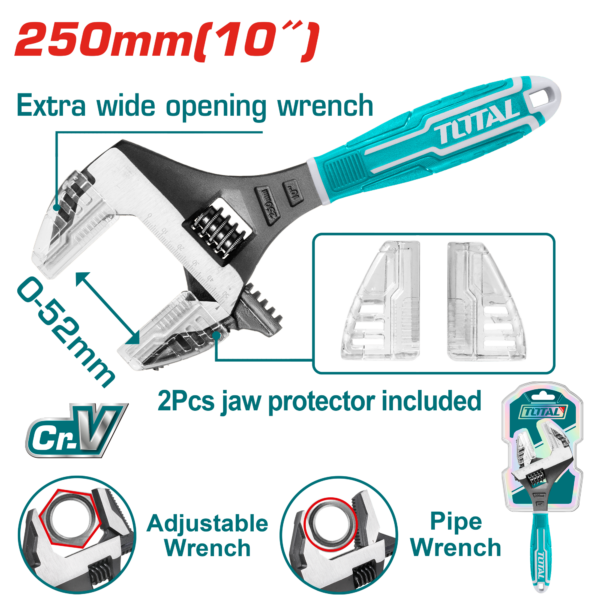 Llave Ajustable 2 en 1  10""250mm CRV 0-52mm   Incluye protector de mandíbula 2Pcs