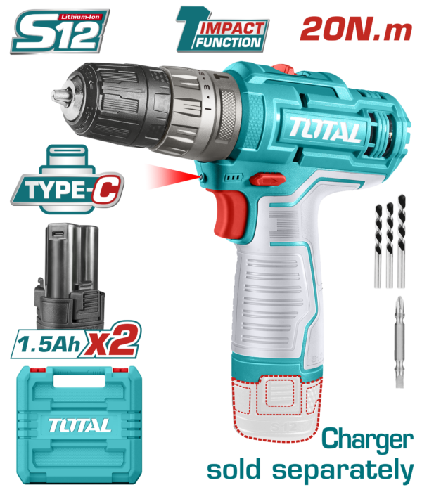 Taladro Inalámbrico 12V máximo torque 20NM, velocidad 1500rpm