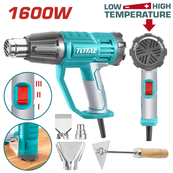 Pistola de Calor 1600W Temp:350C/550C Incluye 3 Boquillas y un Raspador de Metal