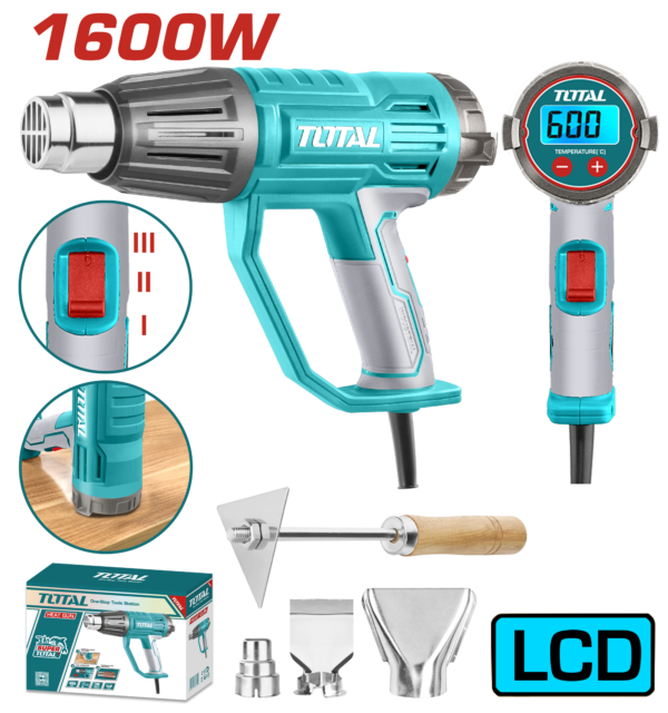 Pistola de Calor 1600W Temp:350C/550C Incluye 3 Boquillas y un Raspador de Metal con Pantalla LCD
