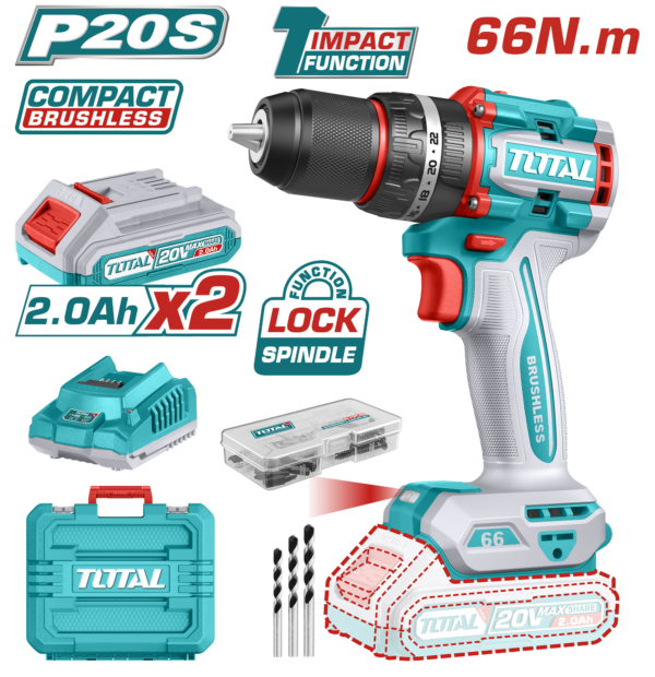 Taladro Inalámbrico Compacto 20V, 0-500/0-2000rpm  66 Nm
