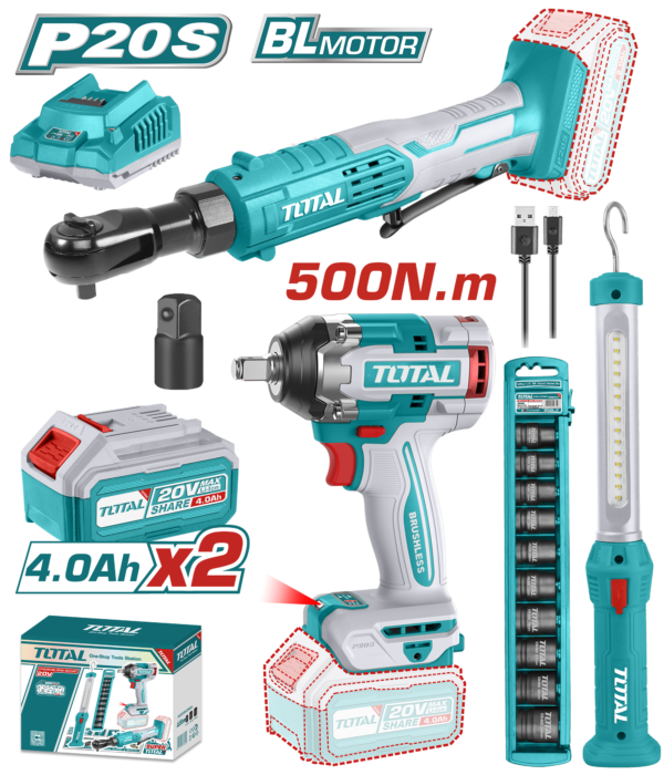 Juego de Llave de Impacto Inalámbrica, Rachet 20V, Dados y Lampara