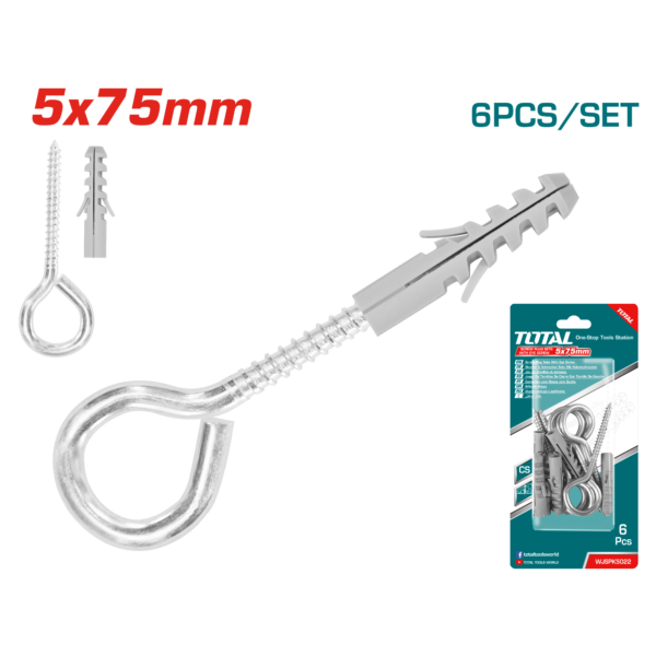 Juego de 6 Tornillos de Ojo 5mm y Taco 8x40mm